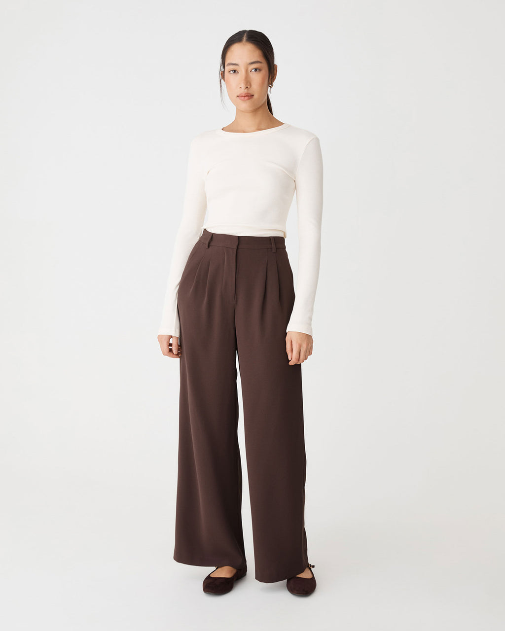 Rumy Wide Leg Tailored Pants in chocolate — full-length view