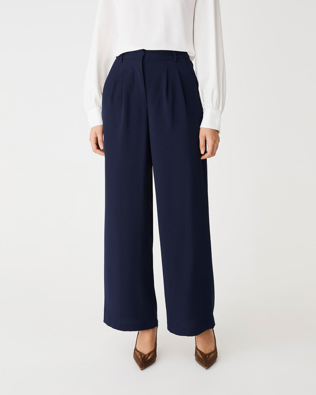 Rumy Wide Leg Tailored Pants in navy — close-up view