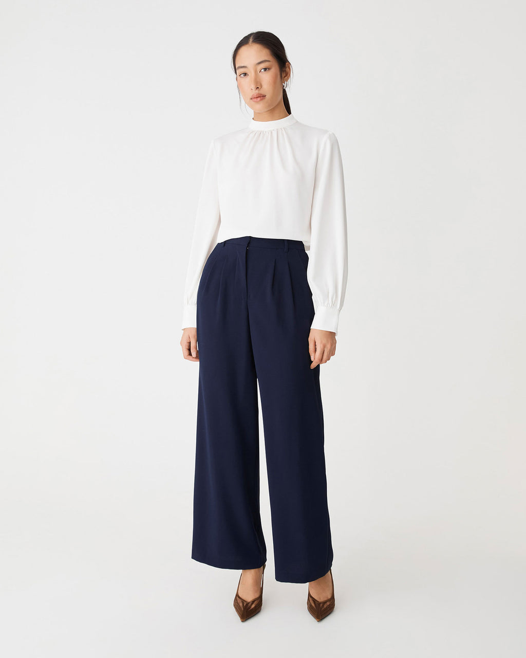 Rumy Wide Leg Tailored Pants in navy — full-length view