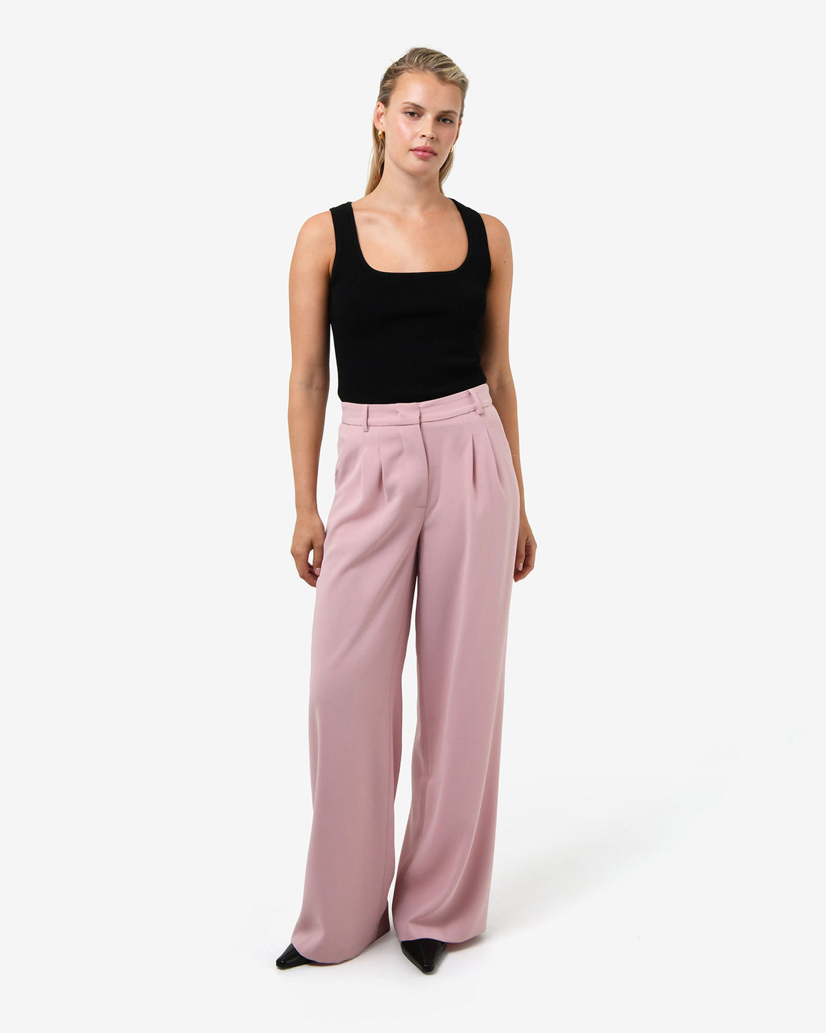 Rumy Wide Leg Tailored Pants in pink — full-length view