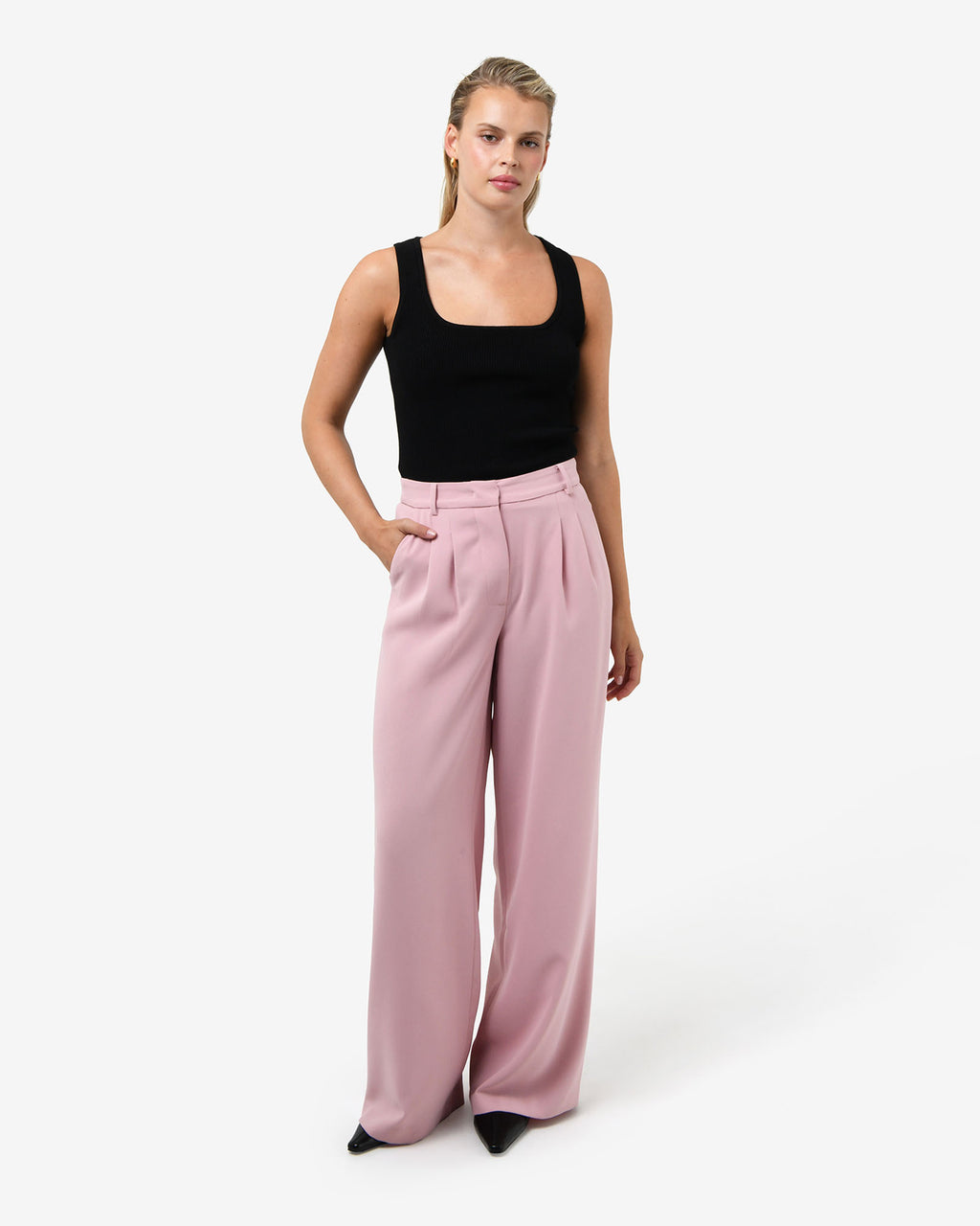 Rumy Wide Leg Tailored Pants in pink — full-length view 2