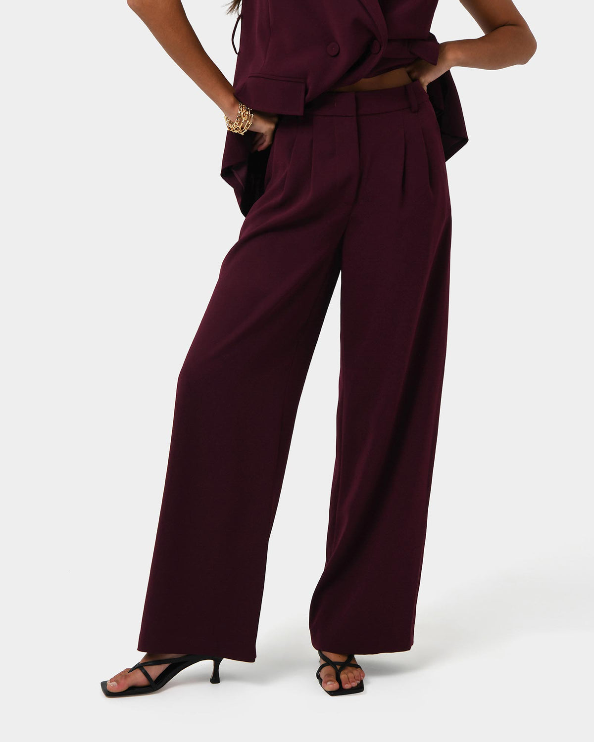 Rumy Wide Leg Tailored Pants in wine — close-up view