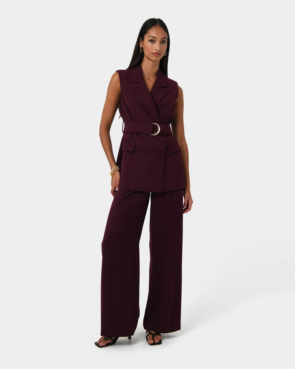 Rumy Wide Leg Tailored Pants in wine — full-length view
