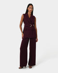 Rumy Wide Leg Tailored Pants in wine — full-length view