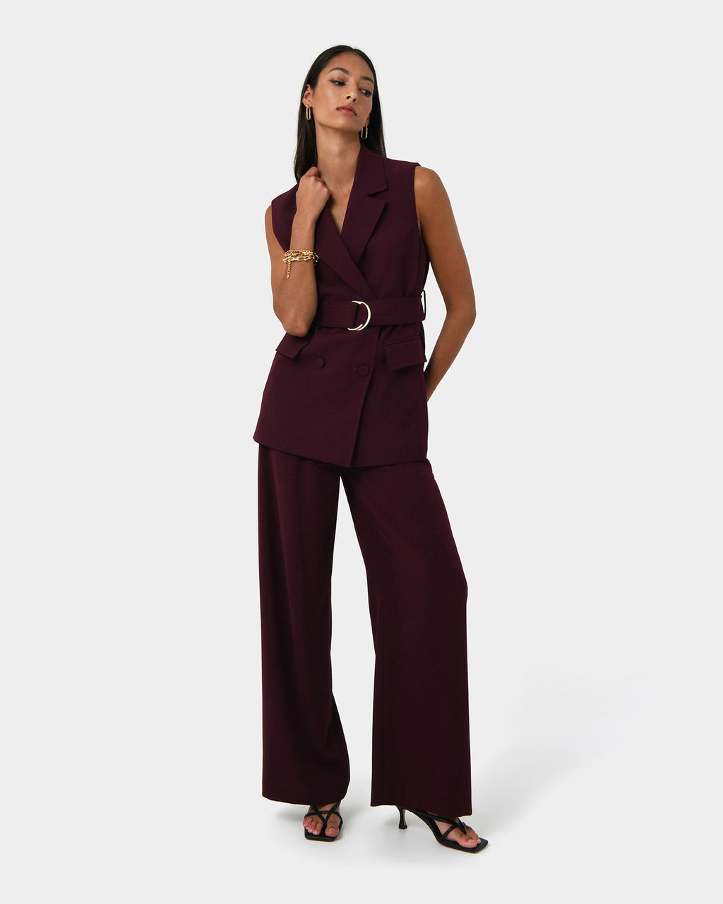 Rumy Wide Leg Tailored Pants in wine — full-length view 2