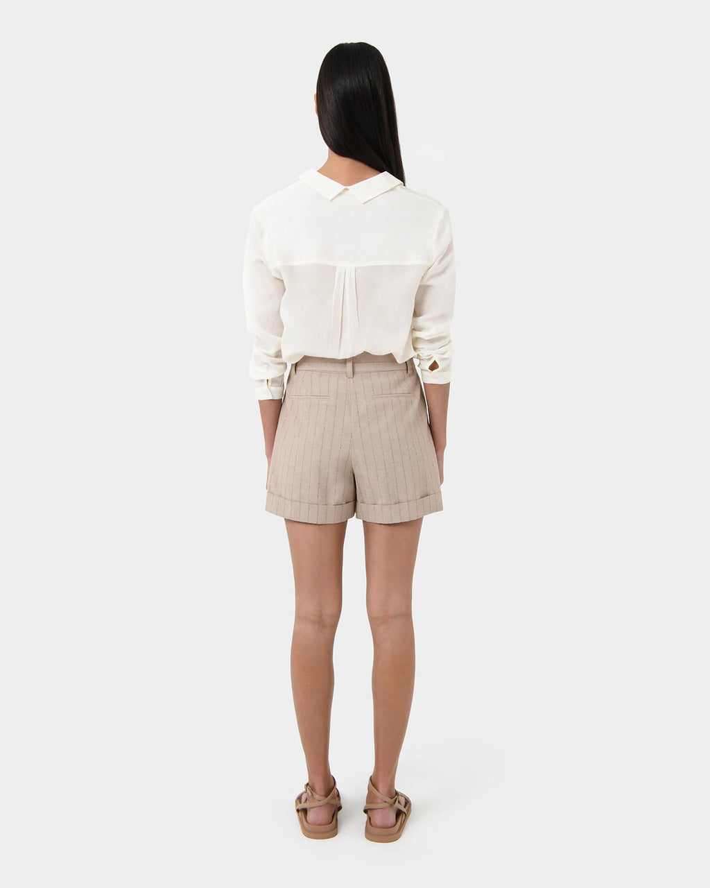 Ria Stripe Cotton Shorts in beige brown — back view