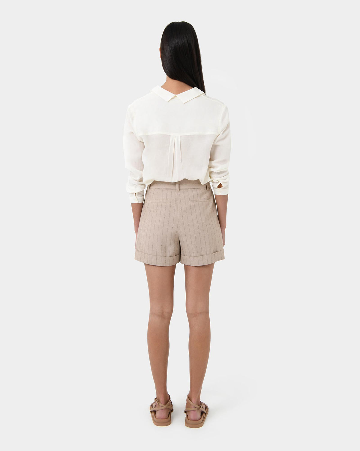 Ria Stripe Cotton Shorts in beige brown — back view