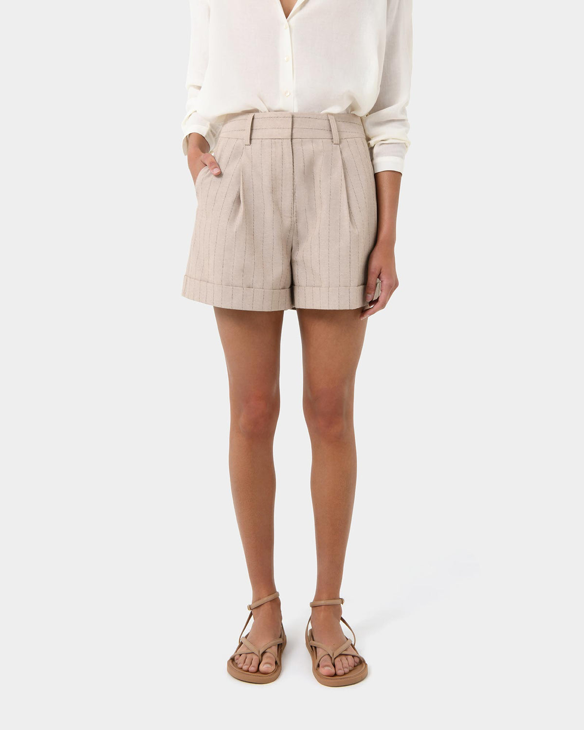Ria Stripe Cotton Shorts in beige brown — close-up view