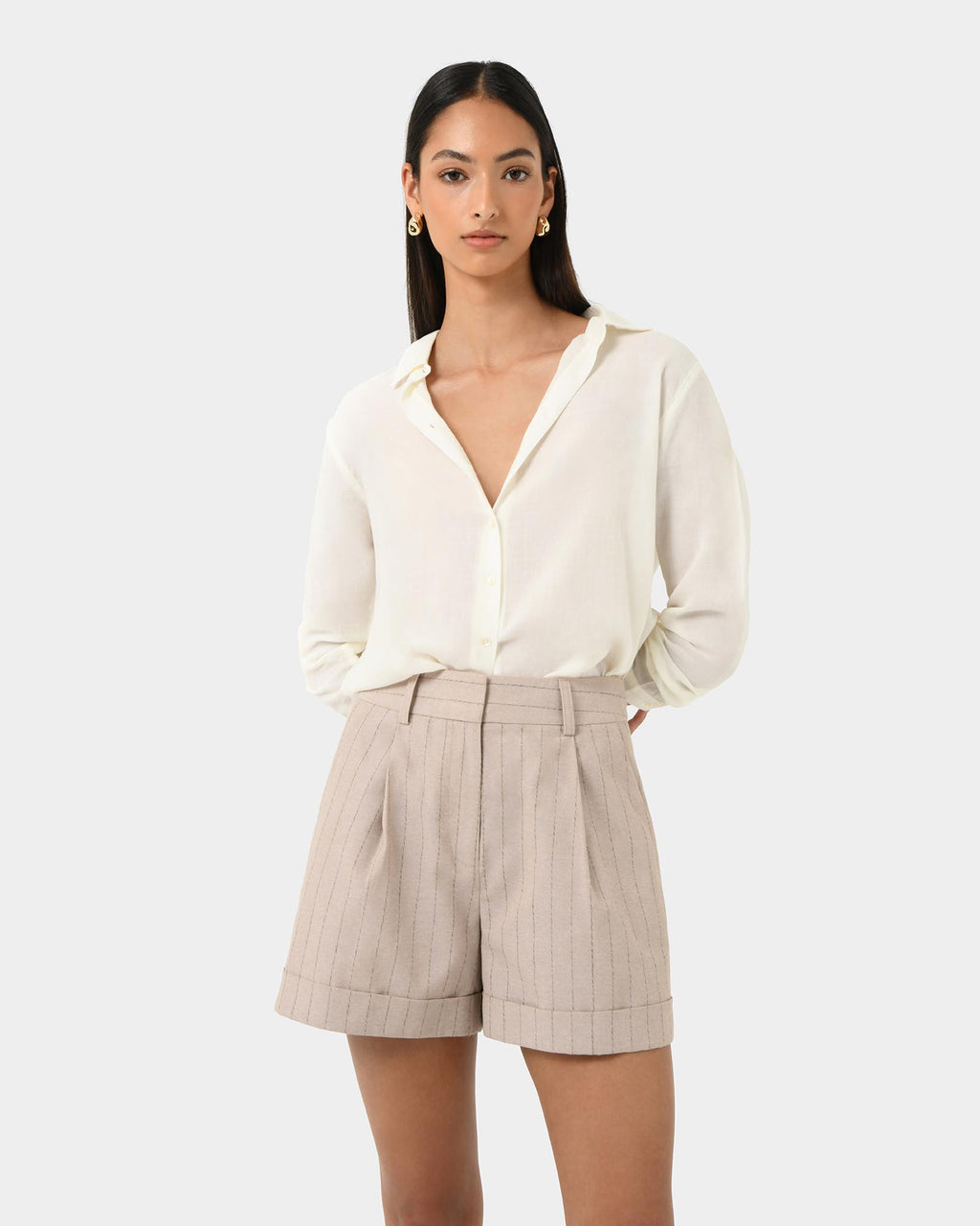 Ria Stripe Cotton Shorts in beige brown — close-up view 2