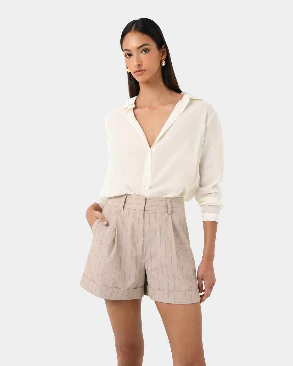 Ria Stripe Cotton Shorts in beige brown — close-up view 3