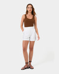 Ria Stripe Cotton Shorts in ivory brown — full-length view