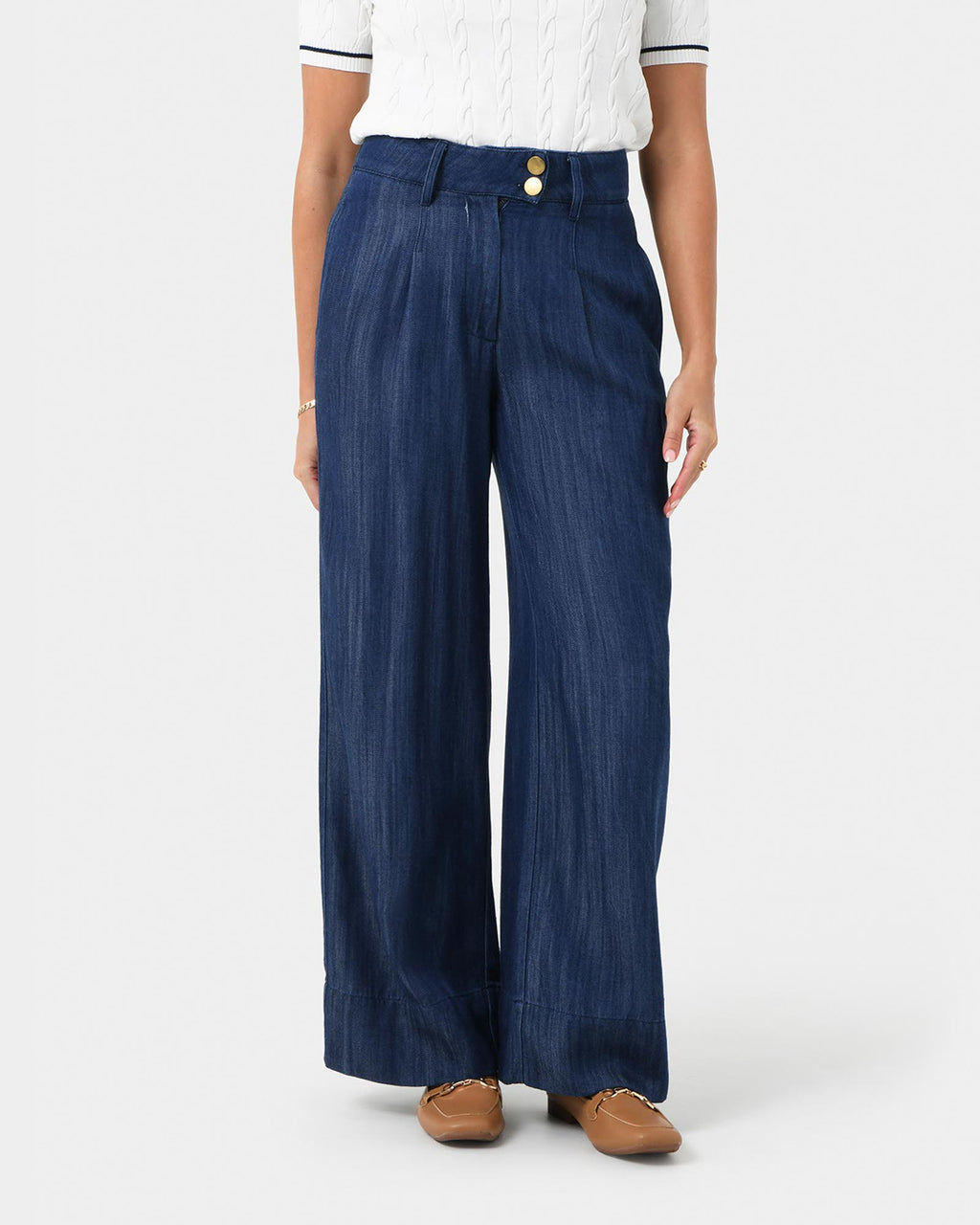Kaley Lyocell Denim Trousers in indigo blue — close-up view