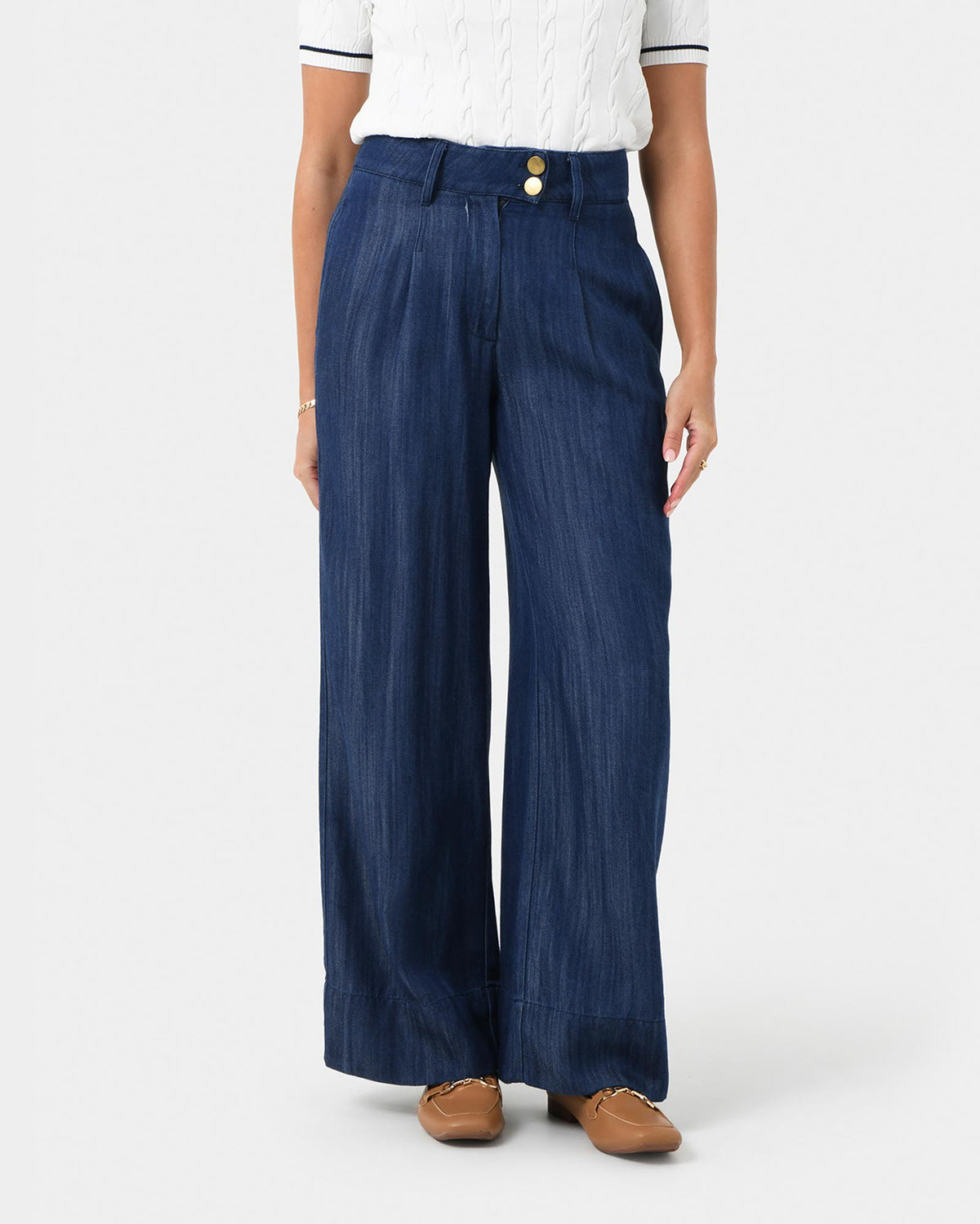 Kaley Lyocell Denim Trousers in indigo blue — close-up view
