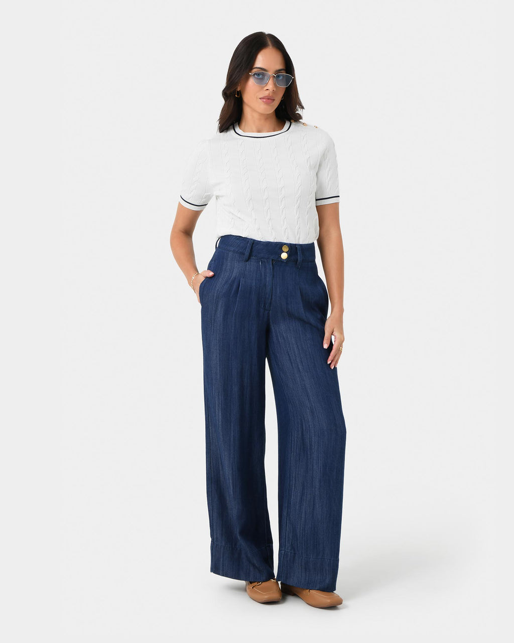 Kaley Lyocell Denim Trousers in indigo blue — full-length view