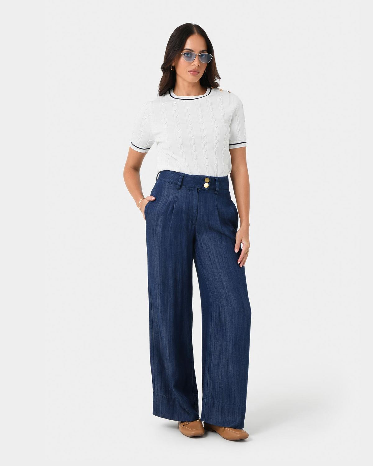 Kaley Lyocell Denim Trousers in indigo blue — full-length view