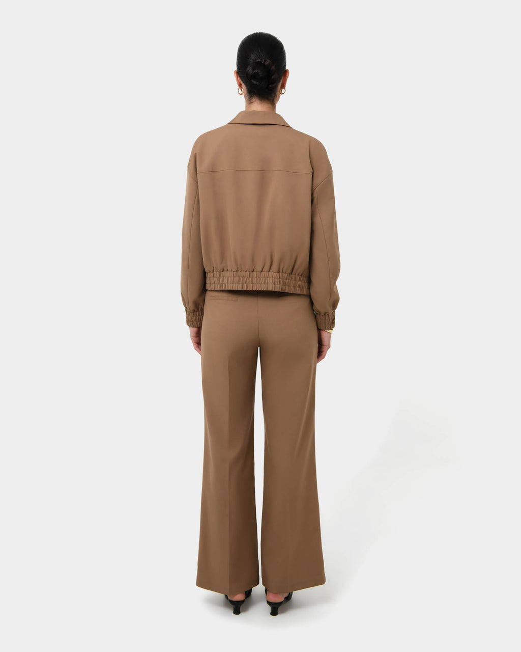 Amera Wide Leg Tailored Pants in wood smoke — back view