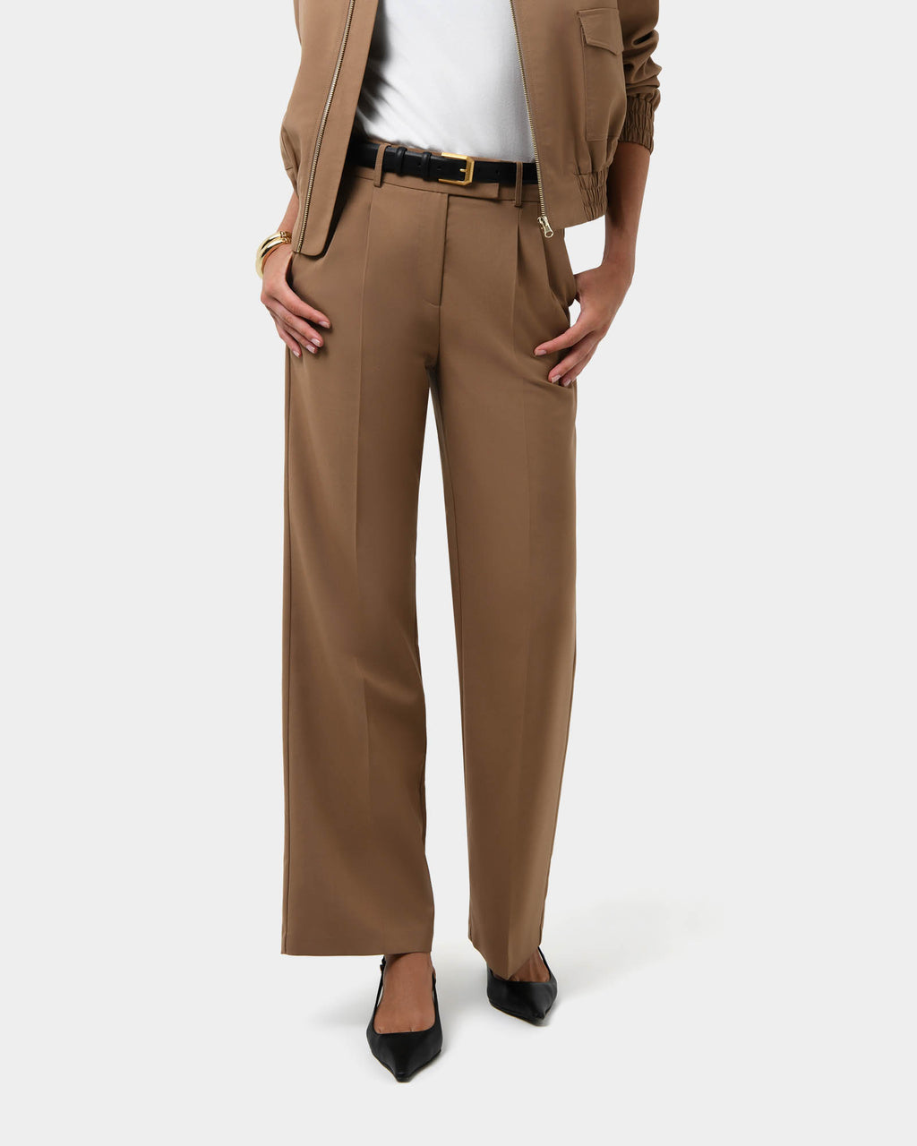 Amera Wide Leg Tailored Pants in wood smoke — close-up view