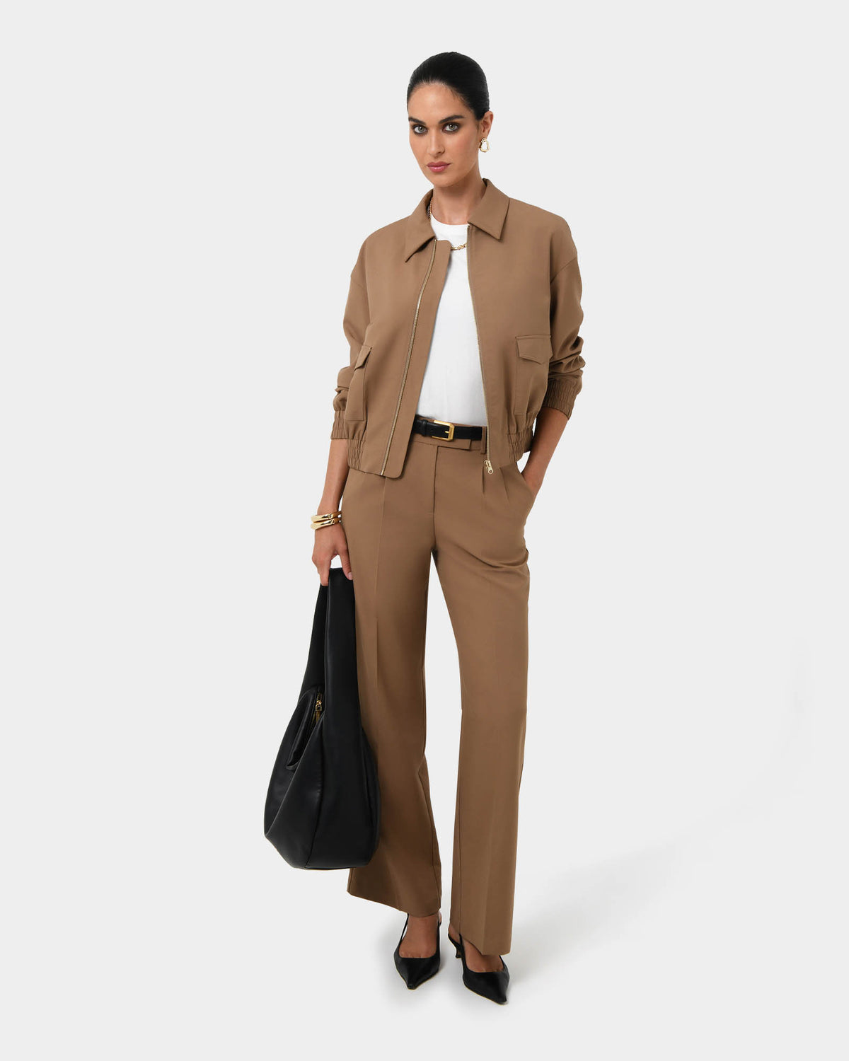 Amera Wide Leg Tailored Pants in wood smoke — full-length view
