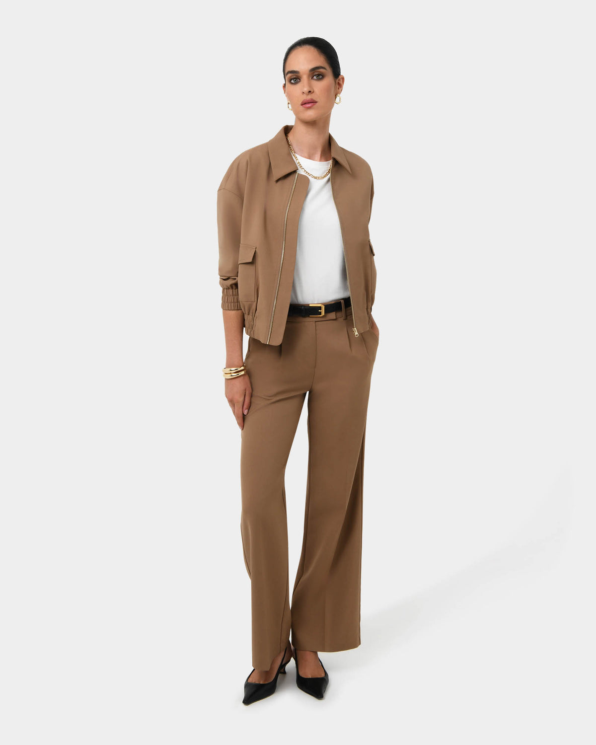 Amera Wide Leg Tailored Pants in wood smoke — full-length view 2