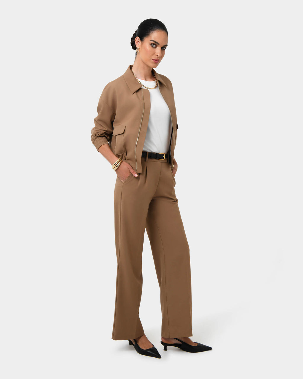 Amera Wide Leg Tailored Pants in wood smoke — side view