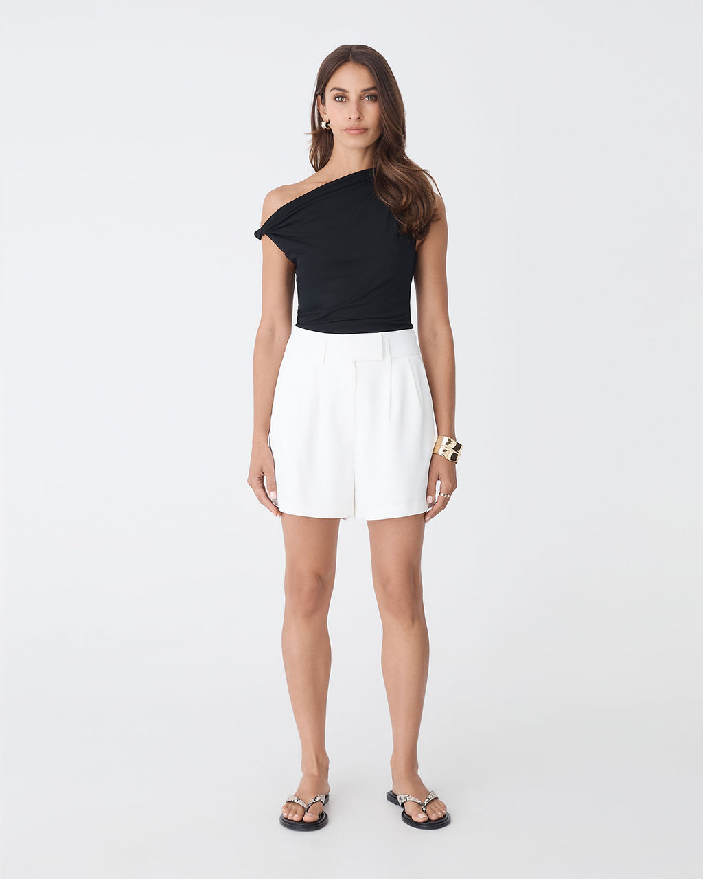 Lexee Pleat Front Short in ivory — full-length view