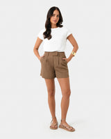 Lexee Pleat Front Short in tobacco — full-length view