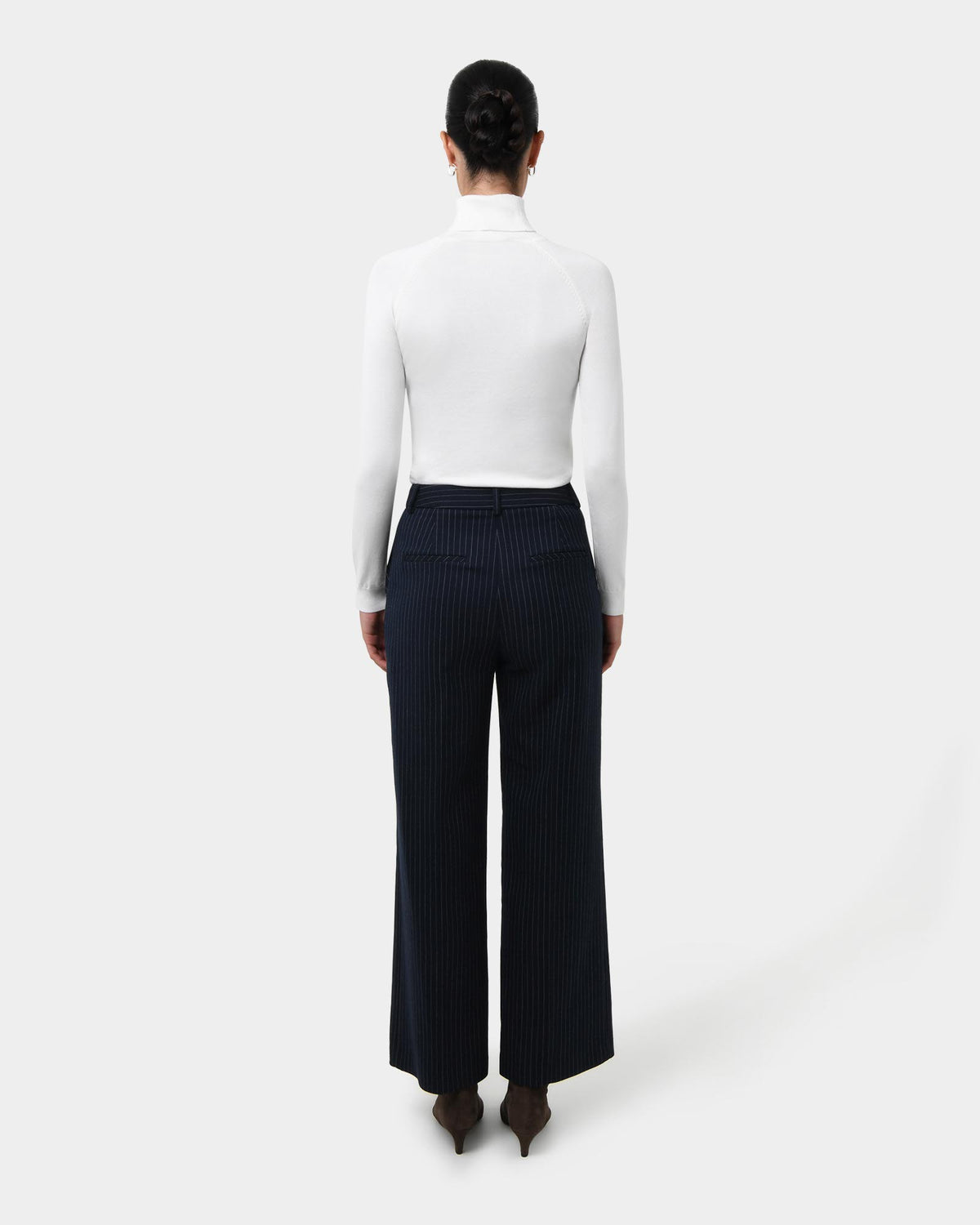 Zara Pinstripe Tailored Pants in navy pinstripe — back view