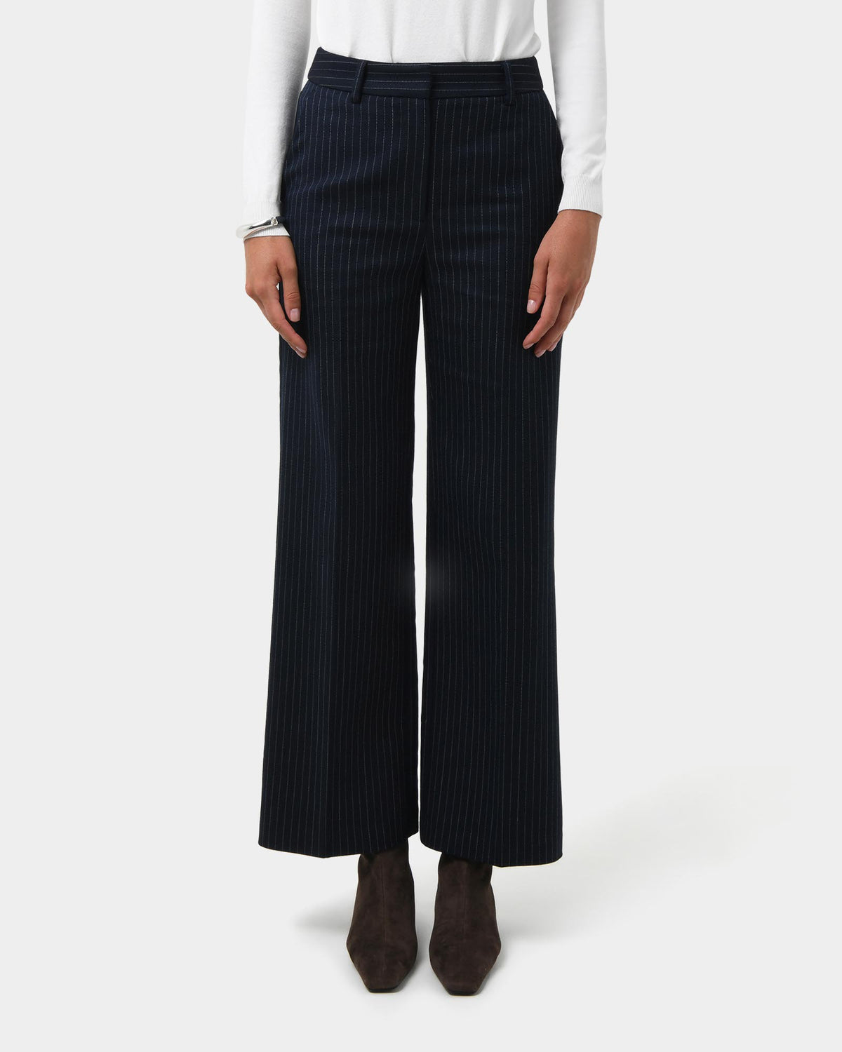 Zara Pinstripe Tailored Pants in navy pinstripe — close-up view