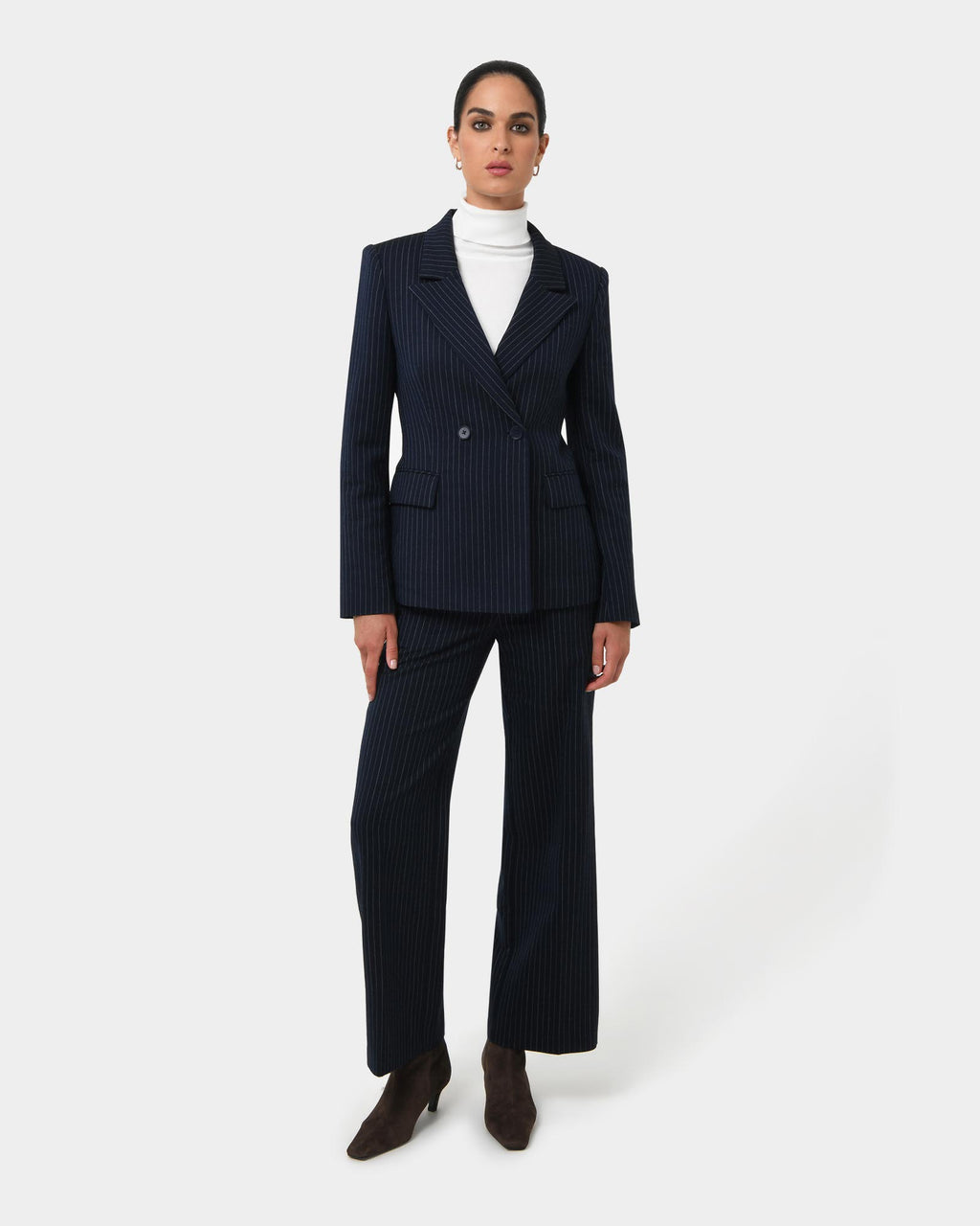Zara Pinstripe Tailored Pants in navy pinstripe — full-length view