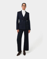 Zara Pinstripe Tailored Pants in navy pinstripe — full-length view