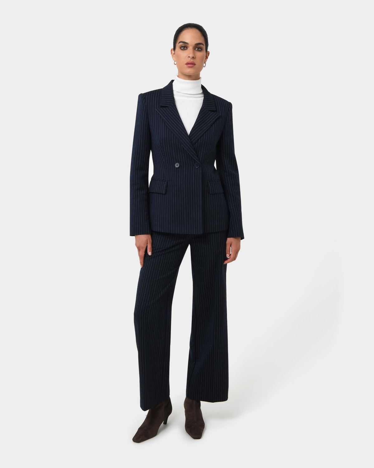 Zara Pinstripe Tailored Pants in navy pinstripe — full-length view