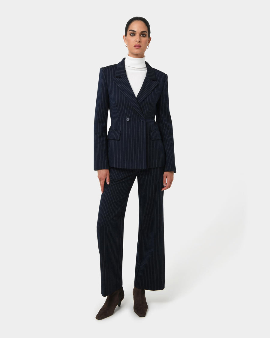 Zara Pinstripe Tailored Pants in navy pinstripe — full-length view