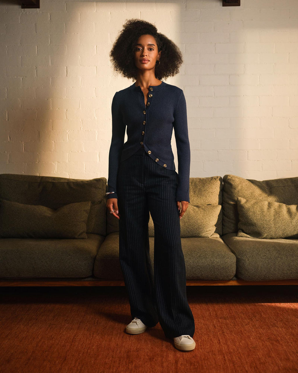 Zara Pinstripe Tailored Pants in navy pinstripe — alternate view