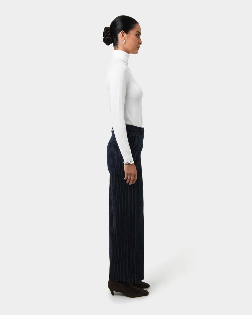 Zara Pinstripe Tailored Pants in navy pinstripe — side view