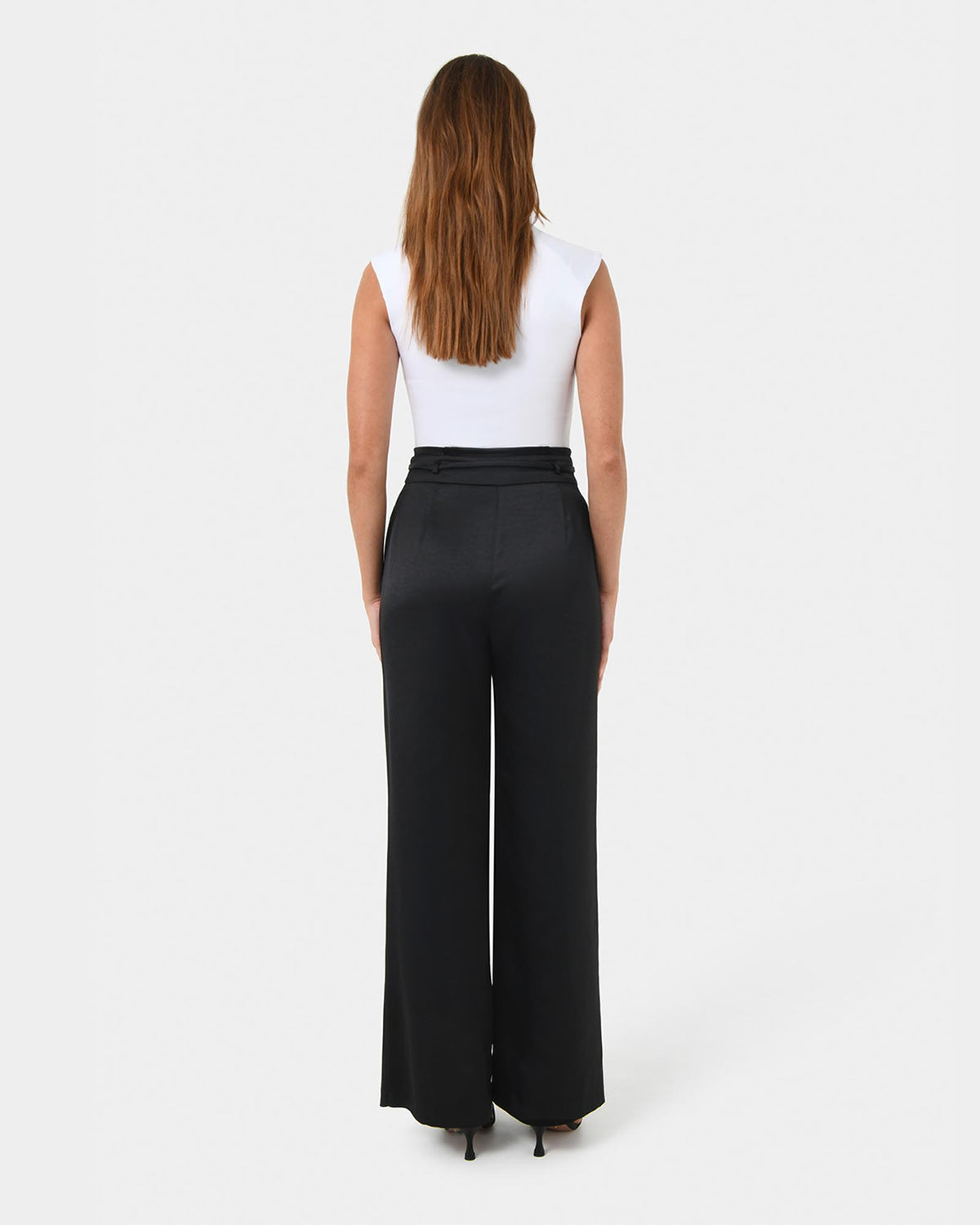 Louisa Wide Leg Satin Pants in black — back view