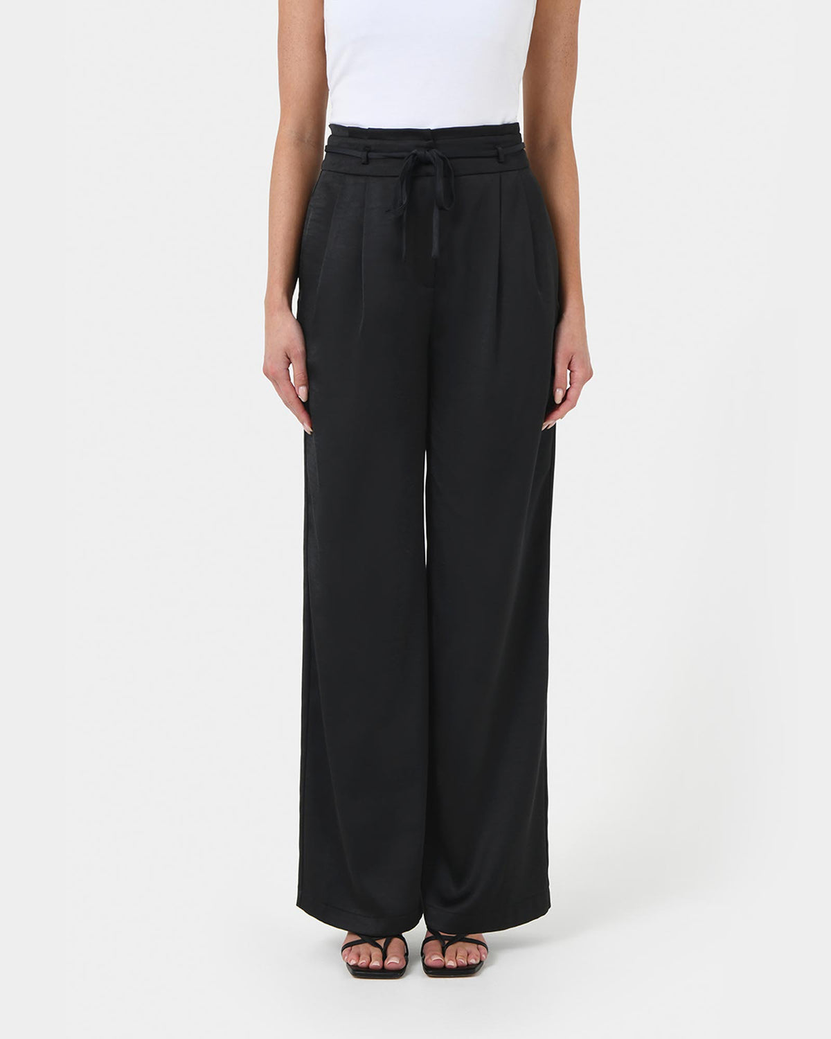 Louisa Wide Leg Satin Pants in black — close-up view