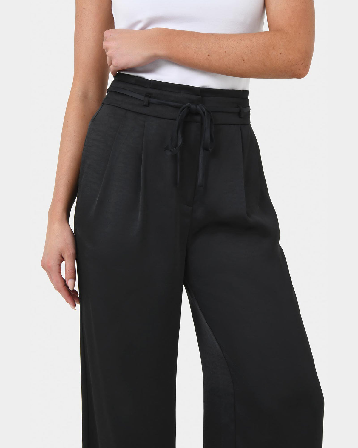 Louisa Wide Leg Satin Pants in black — fabric detail