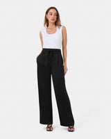 Louisa Wide Leg Satin Pants in black — full-length view