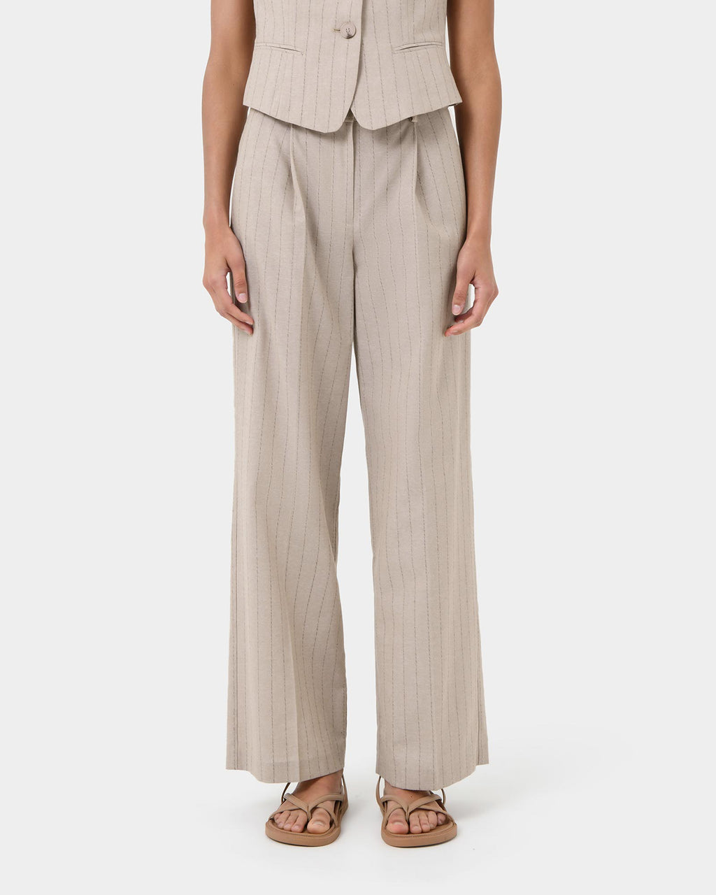 Ria Stripe Cotton Blend Pants in beige brown — close-up view