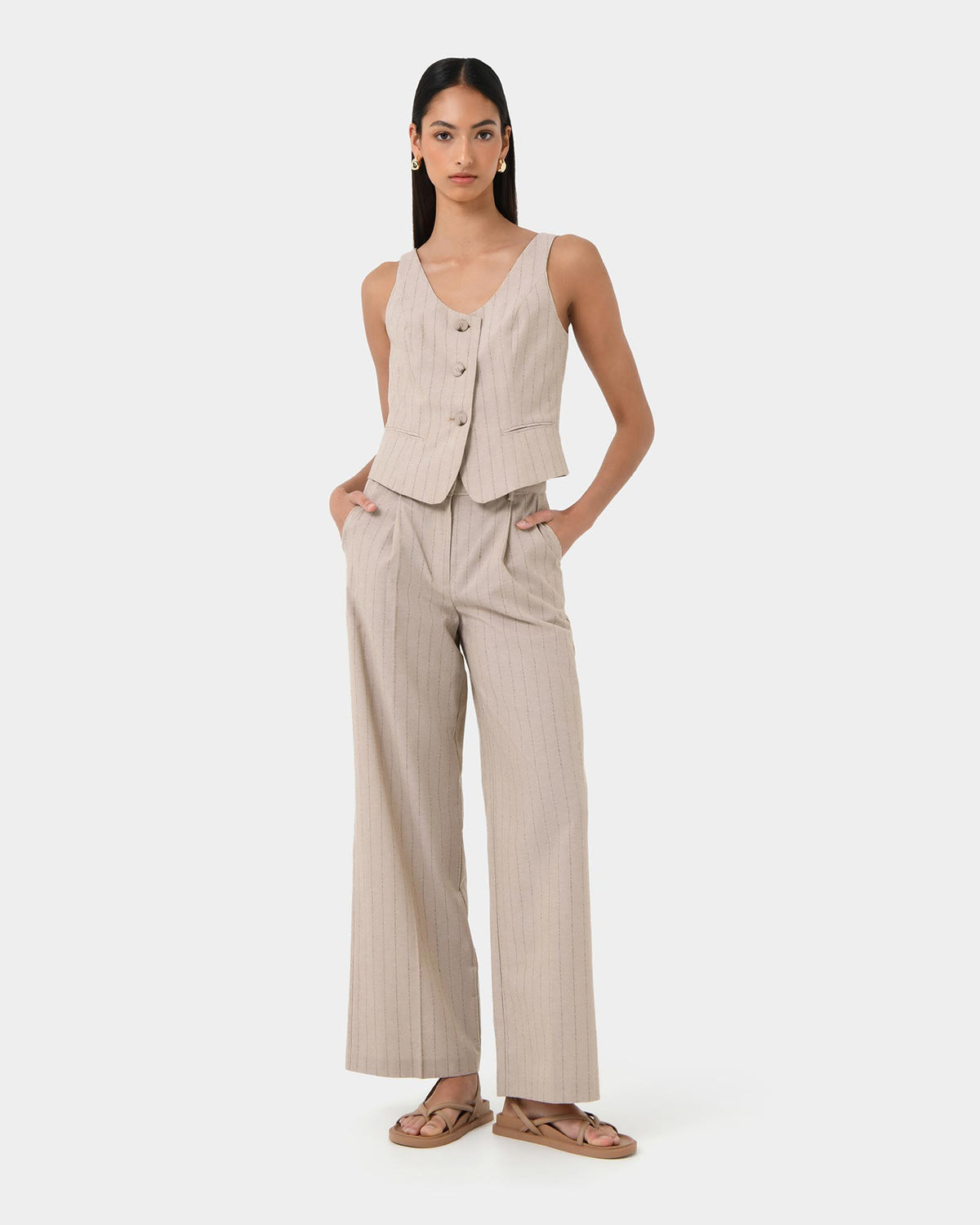 Ria Stripe Cotton Blend Pants in beige brown — full-length view