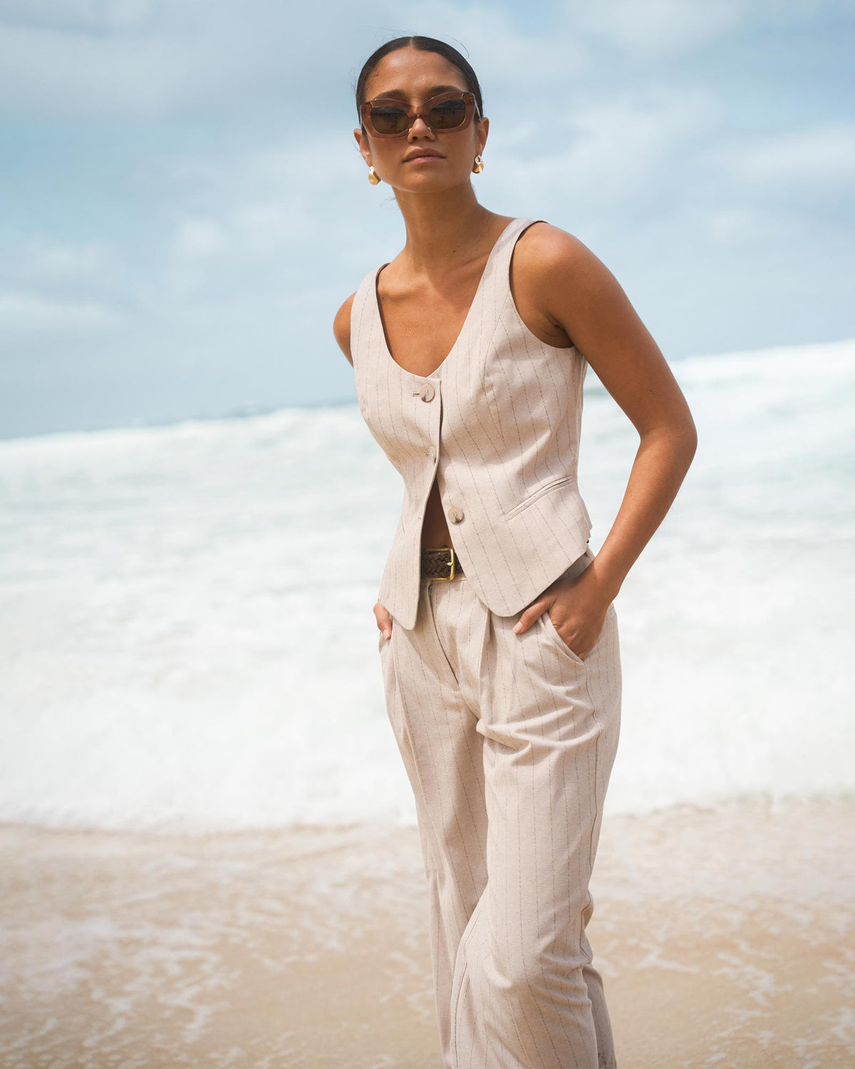 Ria Stripe Cotton Blend Pants in beige brown — alternate view