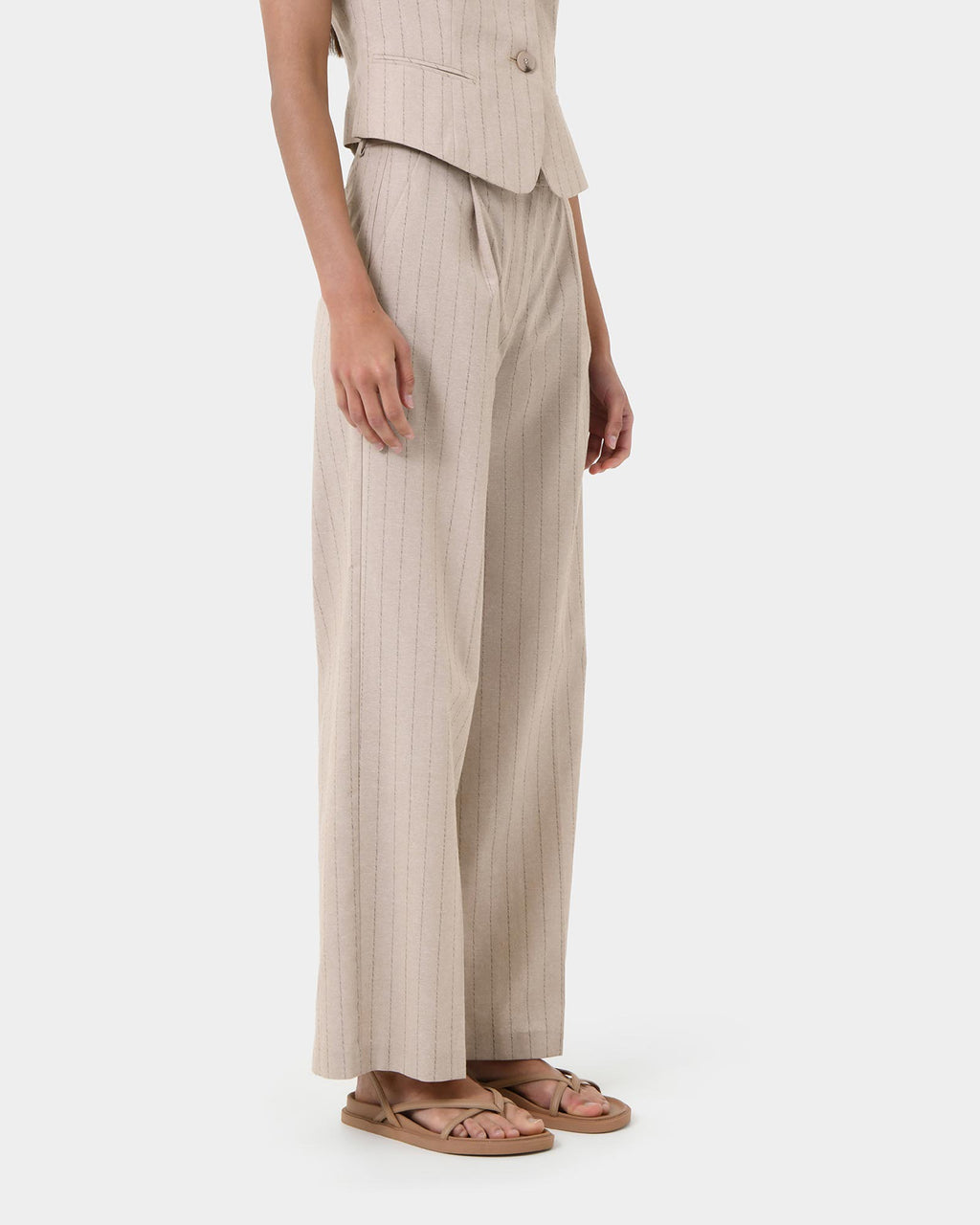 Ria Stripe Cotton Blend Pants in beige brown — side view