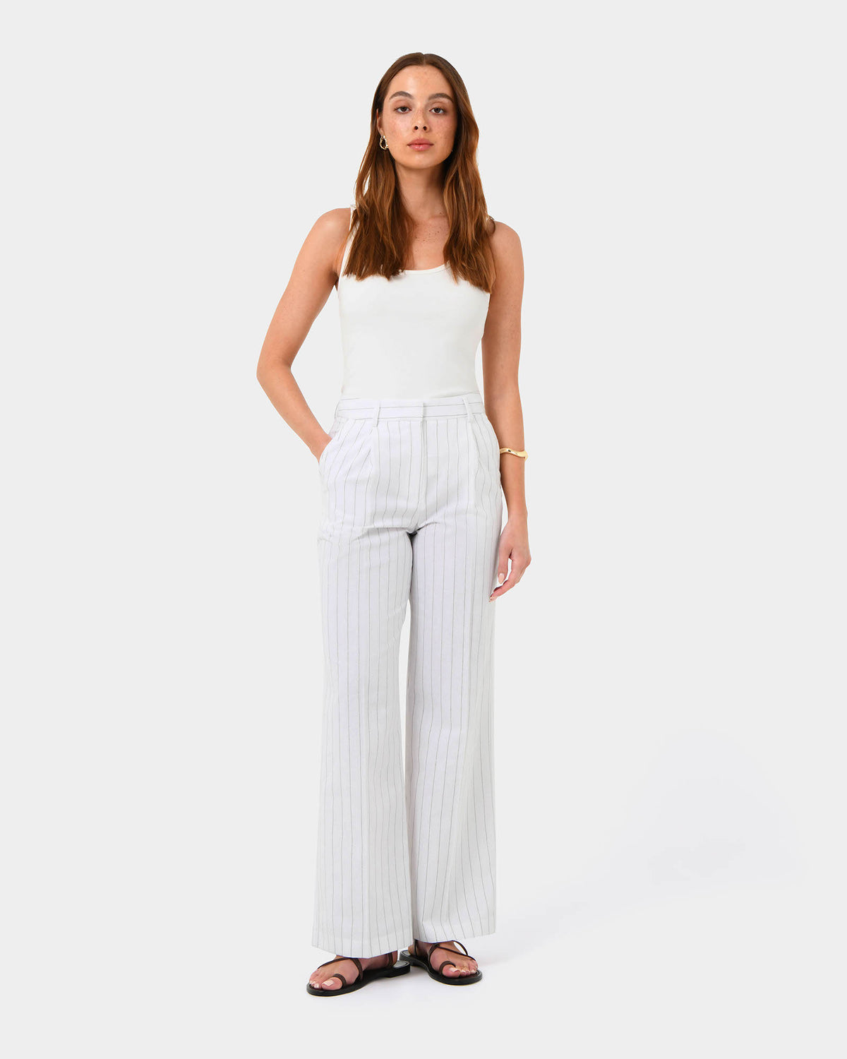 Ria Stripe Cotton Blend Pants in ivory brown — full-length view
