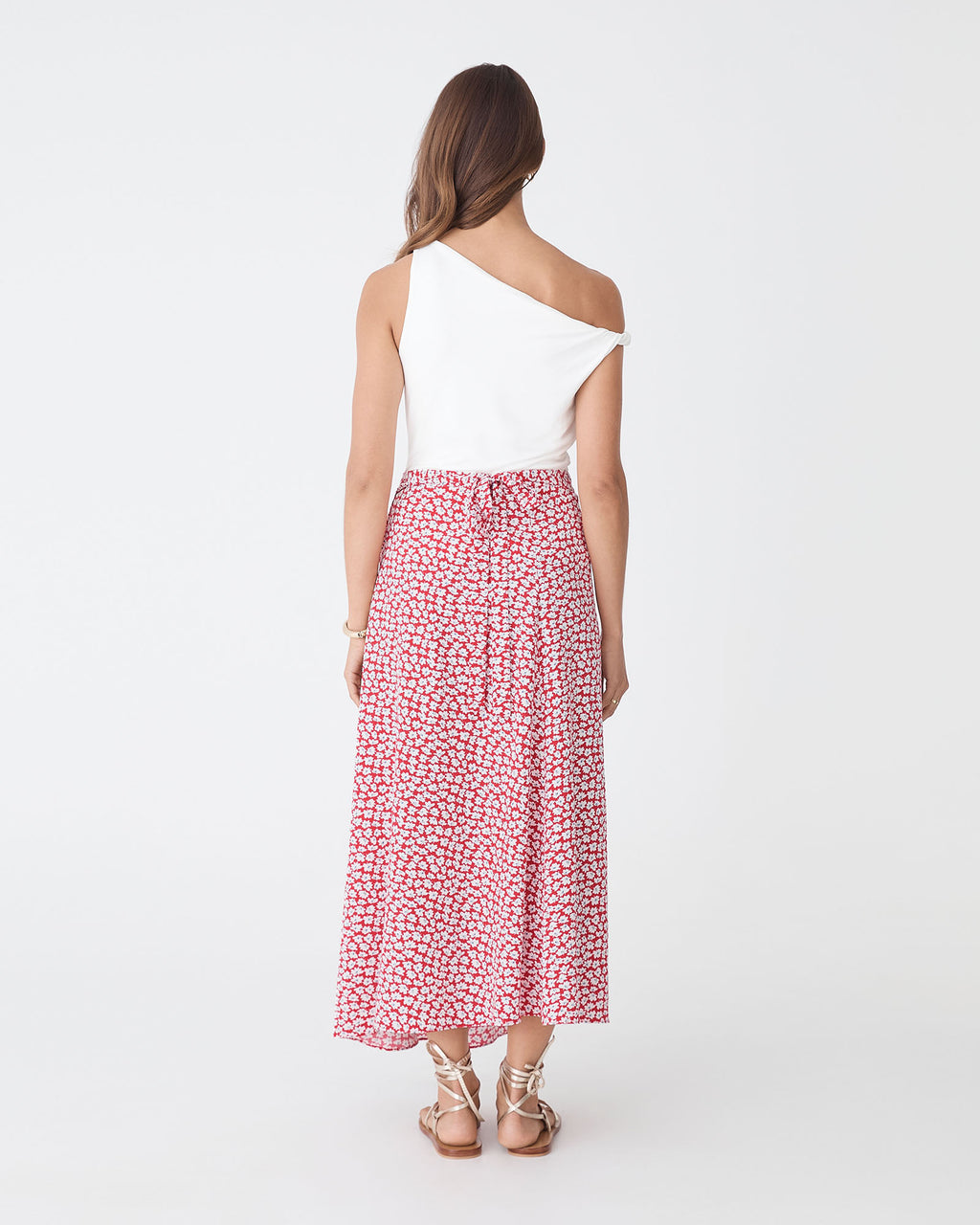Tara Floral Wrap Skirt in red white — back view