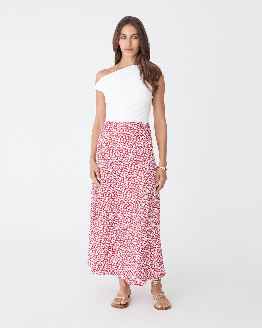 Tara Floral Wrap Skirt in red white — full-length view