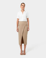 Abby Asymmetric Tailored Skirt in almond — full-length view