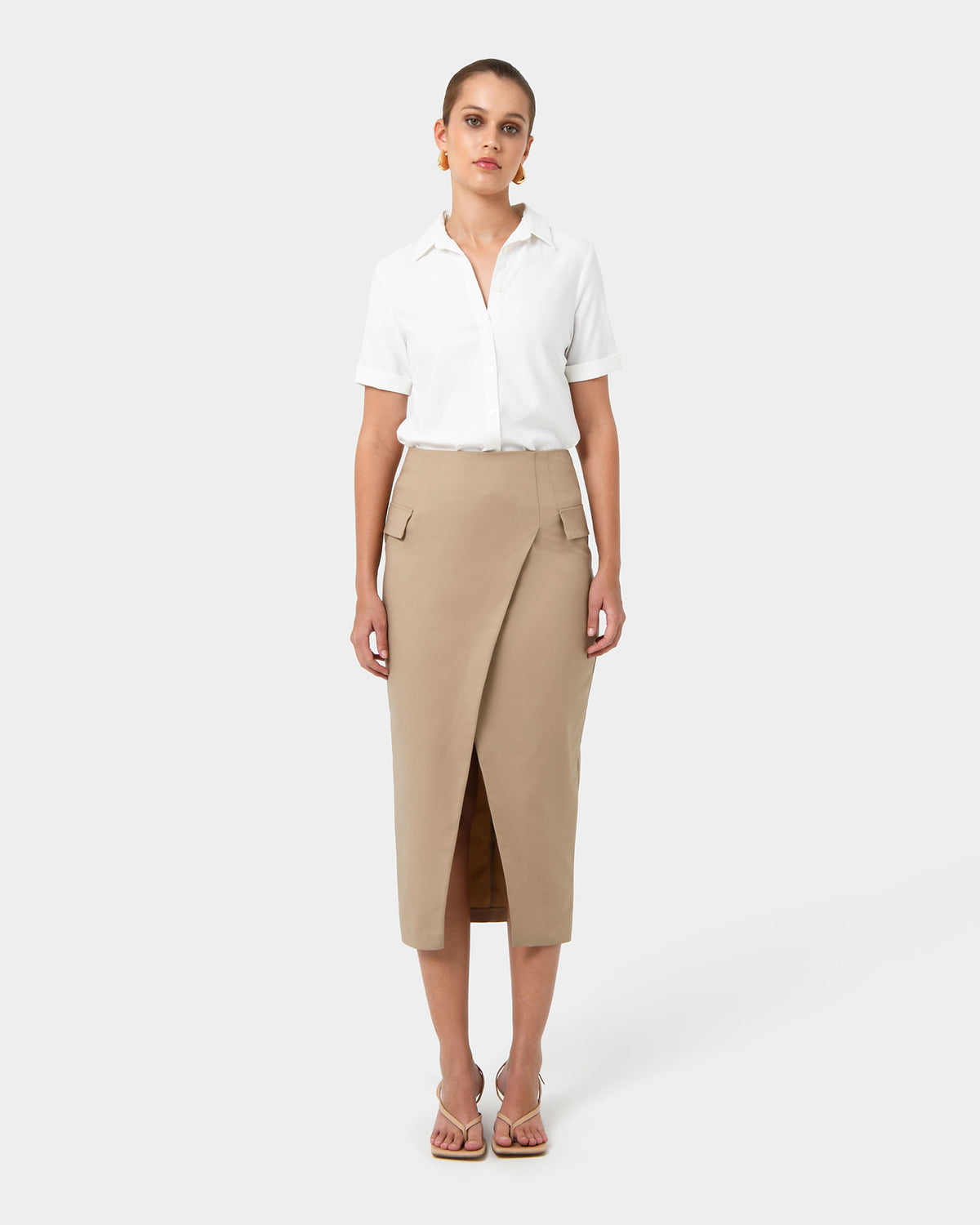 Abby Asymmetric Tailored Skirt in almond — full-length view