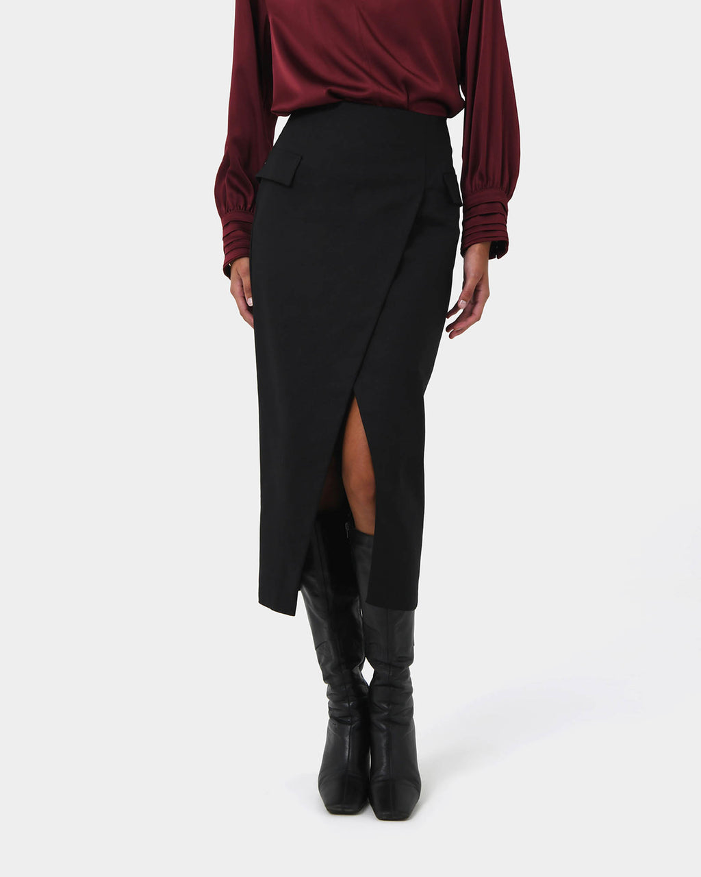 Abby Asymmetric Tailored Skirt in black — close-up view