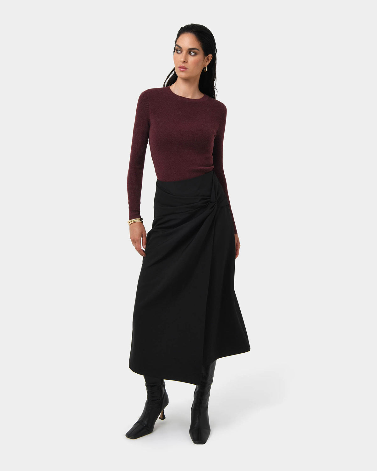 Amera Twist Midi Skirt in black — full-length view