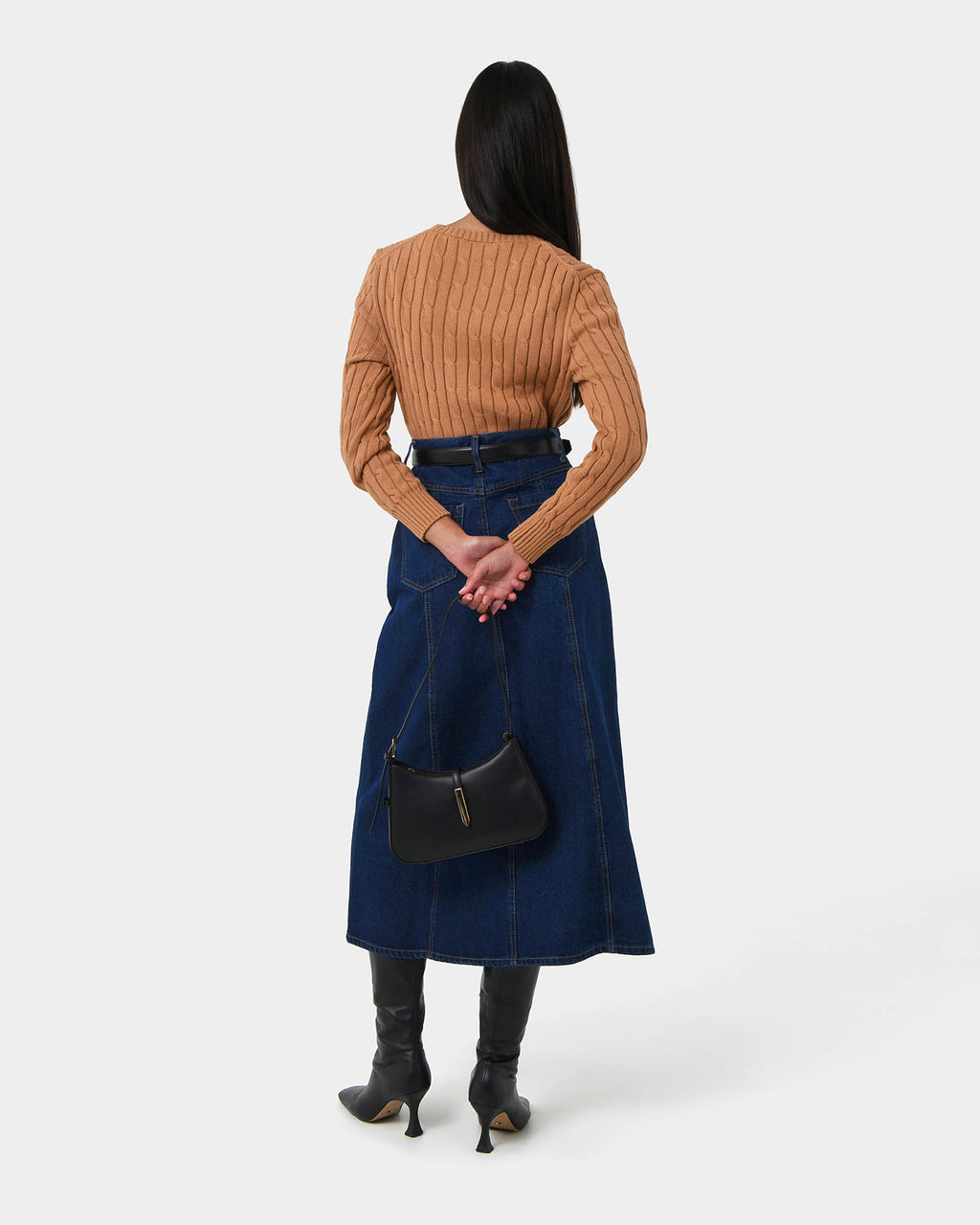 Carmen Panel Denim Skirt in indigo blue — back view